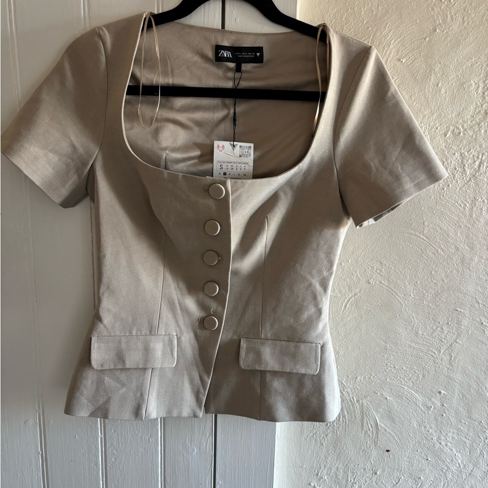 Zara Taupe Button-Front Blouse